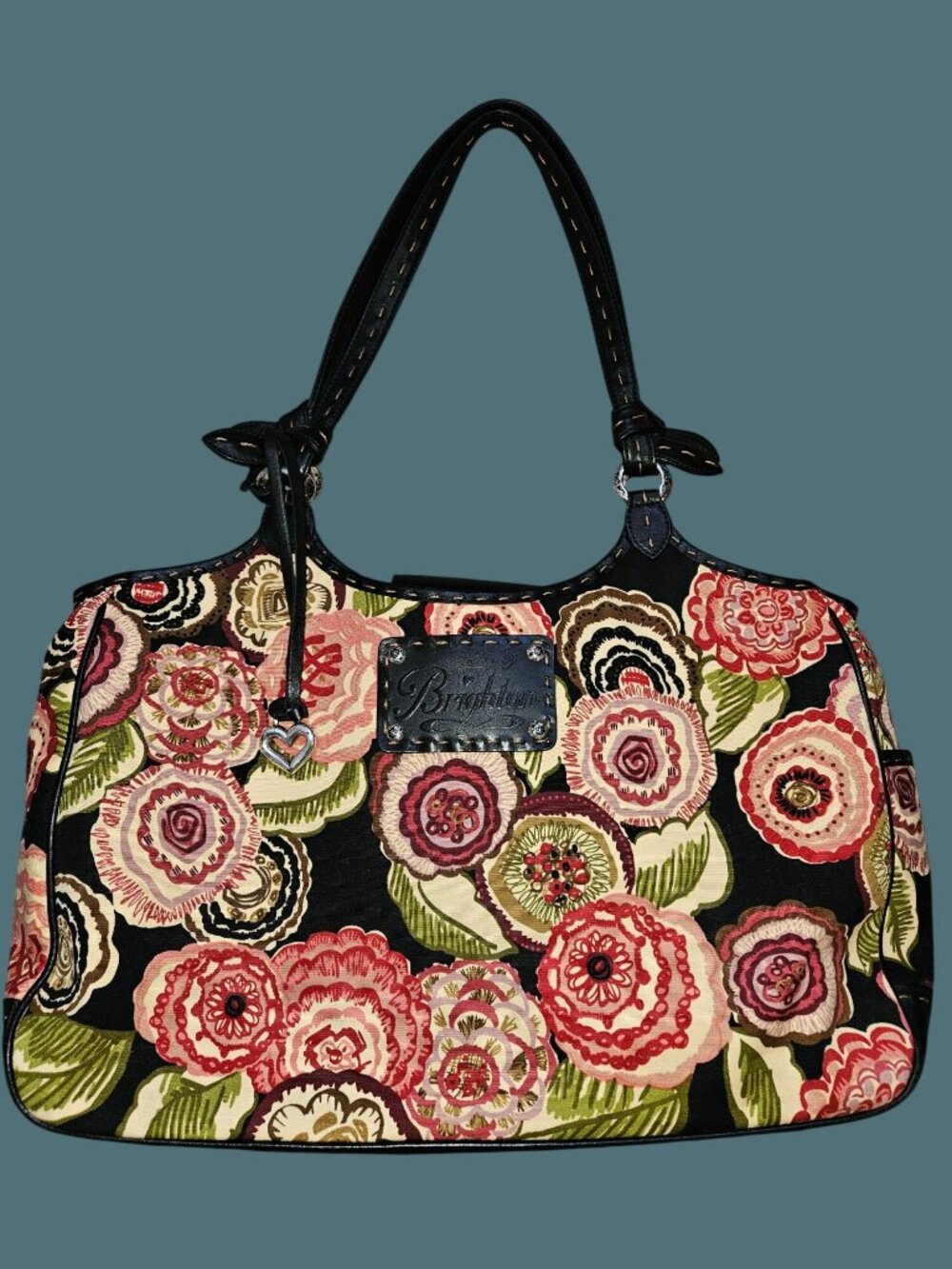 Brighton Canvas/Leather Colorful Floral Boho Hobo Stitched Tote Shoulder Bag - Picture 2 of 16